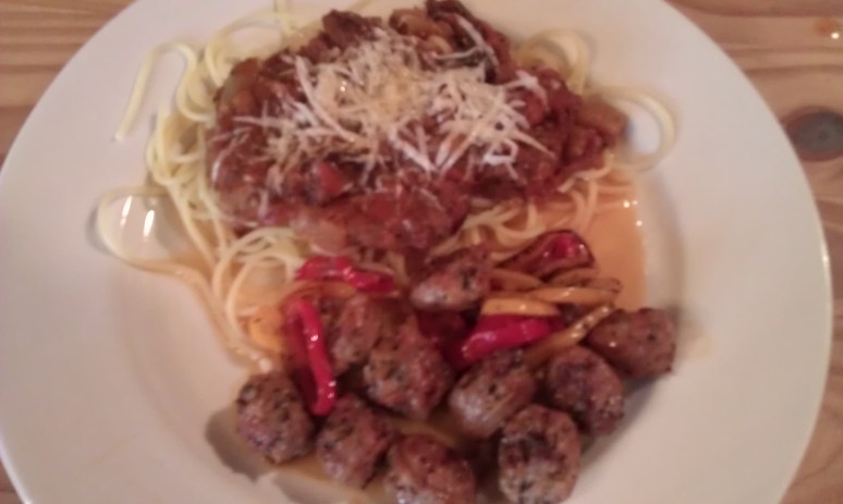 Eggplant and Olive Sauce with Peppers and Sausage