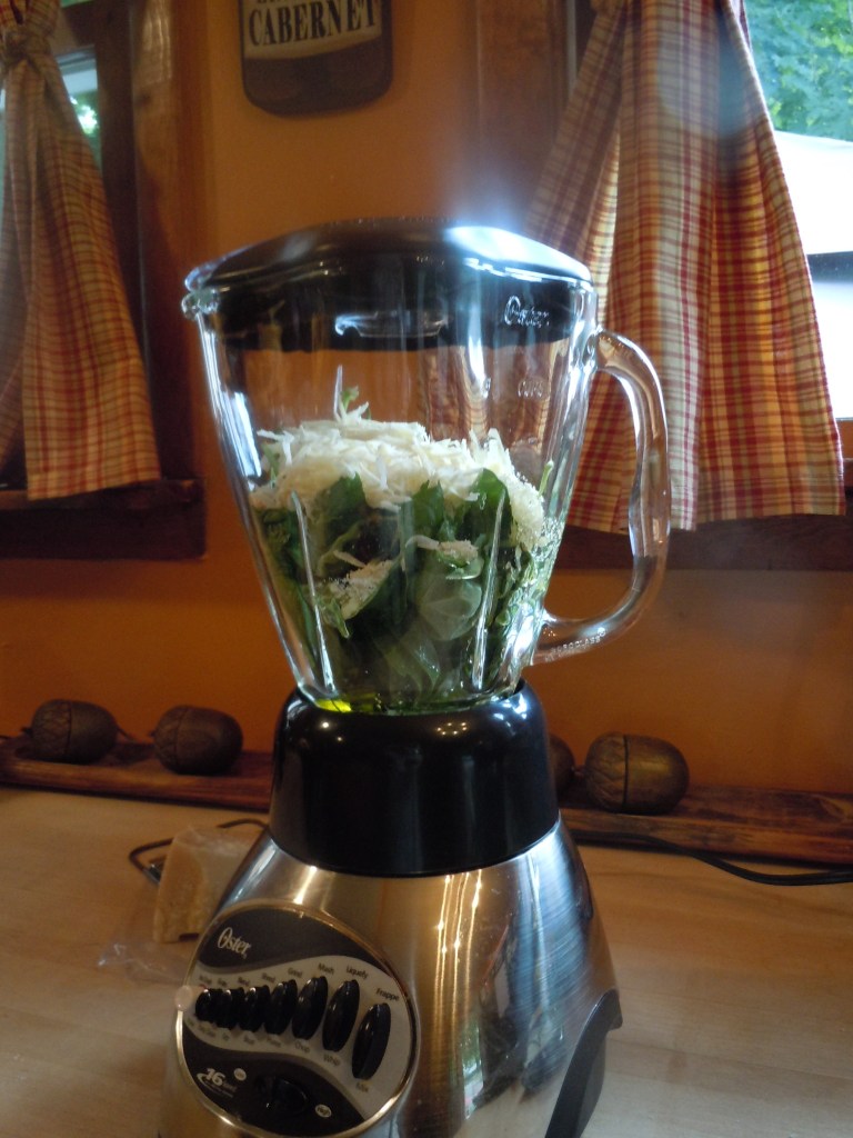 blender full of pesto ingredients