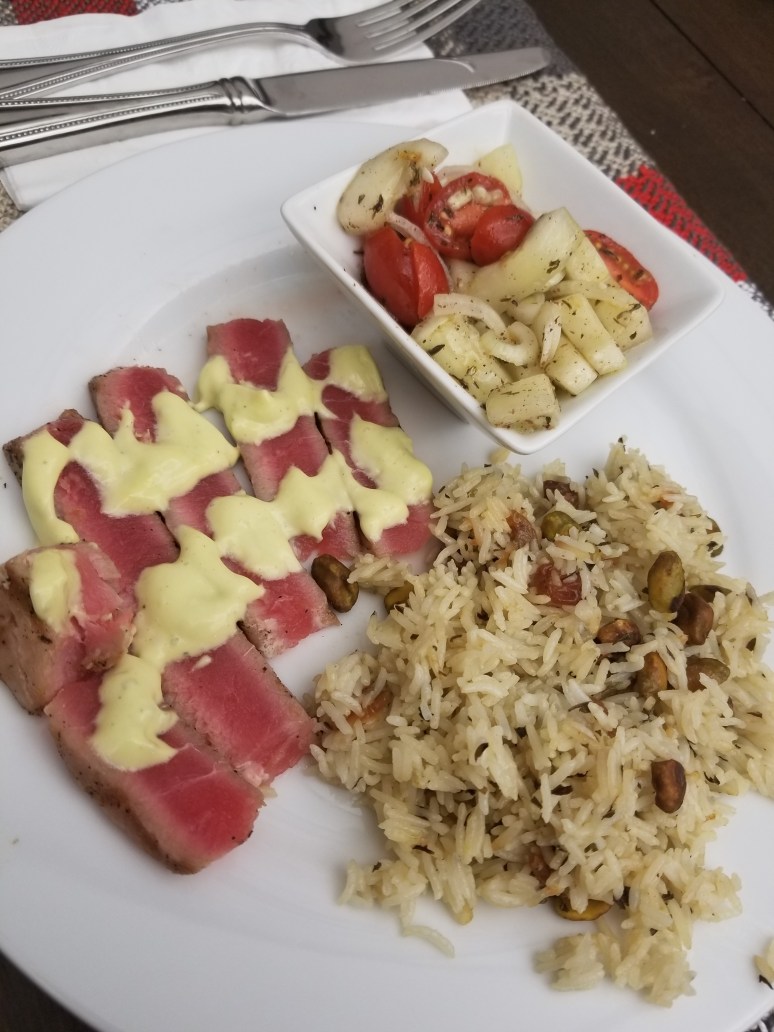 seared tuna with tarragon mayonnaise Israeli salad and raisin pistachio pilaf
